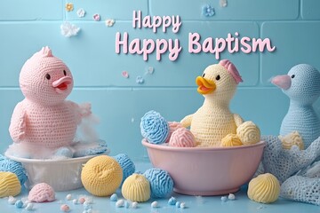 Celebratory banner: Happy Baptism greeting, heartfelt wishes, blessings on special occasion, sacred milestone with joy, reverence for newly baptized, highlighting a cherished momen