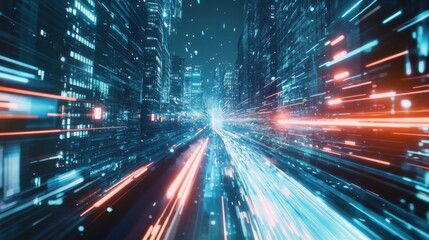 futuristic cityscape with motion blur and glowing lights