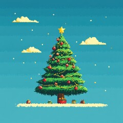 A pixelated Christmas tree with a star on top and a bunch of ornaments