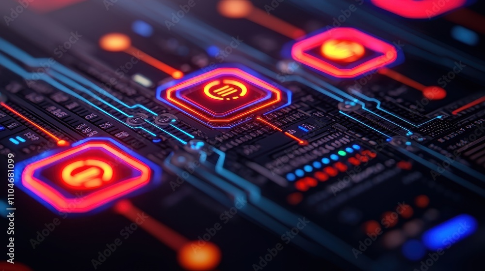Poster abstract digital circuit board with neon elements and colorful glow