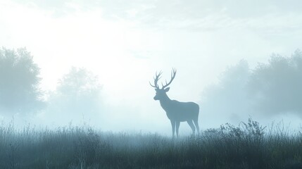 Fototapeta premium a majestic deer standing in a misty landscape at dawn