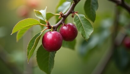 A close-up of three red cherries hanging from a branch