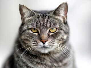 close-up of a serious-looking tabby cat with striking eyes