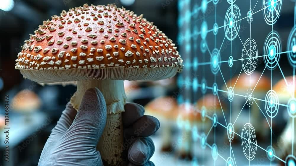 Aufkleber exploring the intricate details of a vibrant mushroom in a lab environment
