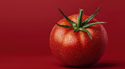Fresh Red Tomato with Water Drops on a Red Background