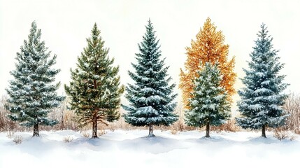 Five Snow Covered Trees Stand In Winter Landscape