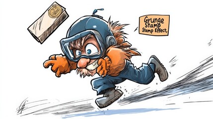 cartoon character running with excitement and a stamp in hand