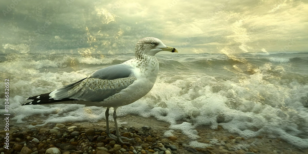 Poster a seagull stands on the shore as waves crash in the background under a dramatic sky.