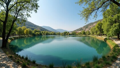 Clear lake surrounded by mountains and trees on a sunny day