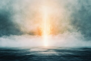 Obraz premium a serene landscape with a glowing light breaking through the clouds over a calm sea