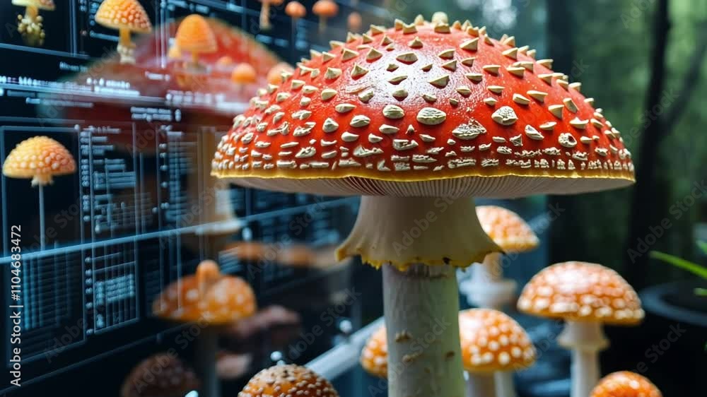 Poster bright red mushrooms with distinctive spikes in a forest setting surrounded by nature at dusk