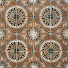 Fragment of building wall with colorful ceramic tiles. Azulejos, close up. Traditional ornate Portuguese architecture. Abstract background, textured ornate pattern for design or backdrop.