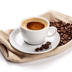 Fototapeta premium freshly brewed coffee in a white cup with coffee beans