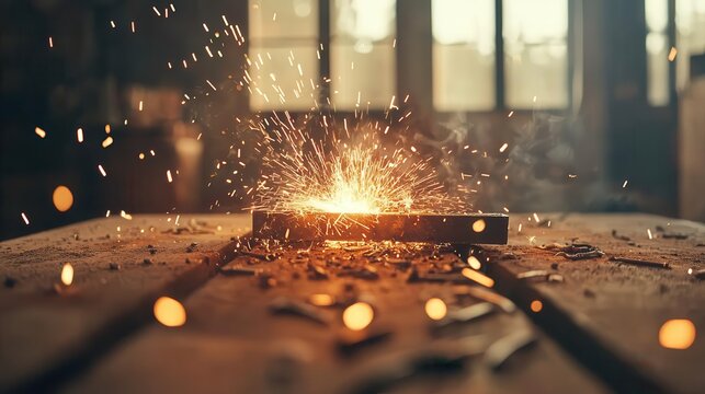 Blacksmith twisting iron bars into decorative shapes, sparks flying in the workshop