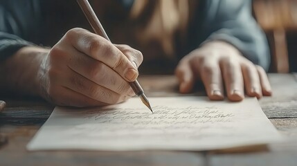 Calligrapher writing elegant letters with a quill, showcasing detailed penmanship