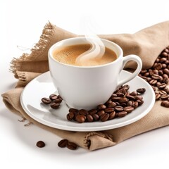 steaming cup of coffee with roasted beans on a rustic background