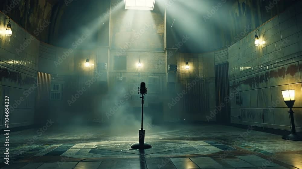 Poster dramatic atmosphere microphone on stand in dim room with mysterious rays of light and smoke creating