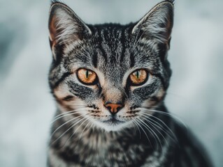 close-up of a domestic cat with striking eyes and detailed fur patterns