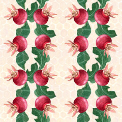 Pomegranate, rose hips textured watercolor seamless pattern on honey comb background. Hand drawn realistic fruit element for fall harvest cards, culinary designs, home decor, prints. Autumn clip art