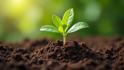 Fototapeta premium A single young plant sprouting from the soil, with bright green leavesBackground is softly blurred with a gradient of light yellow