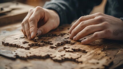 Hands assembling a handmade wooden puzzle, precision and care visible
