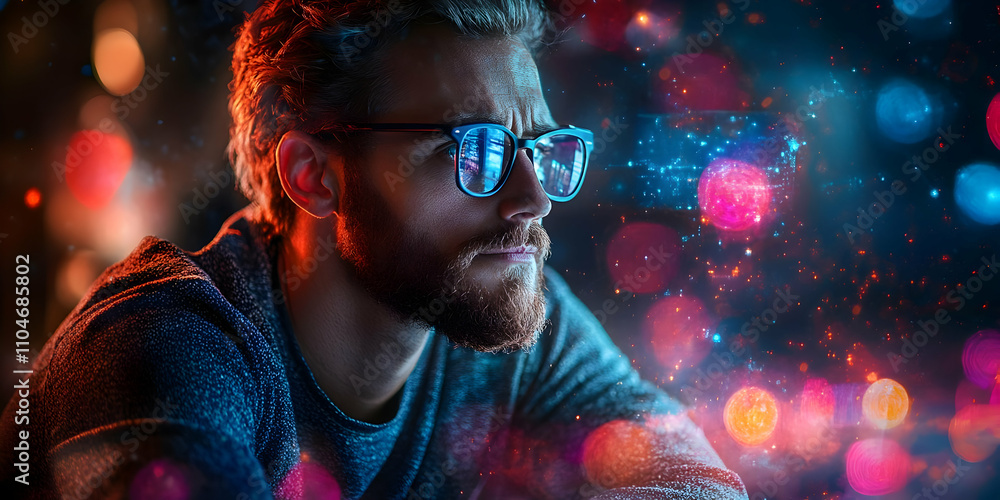 Poster a thoughtful man with glasses gazes into the distance amidst colorful bokeh lights.