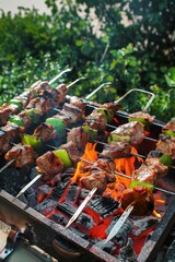 Grilled skewers with vegetables on a barbecue, showcasing juicy meat and vibrant green peppers, flames dancing in the background, perfect for summer gatherings and outdoor events