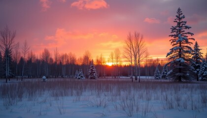 Winter sunset with trees in snowy field