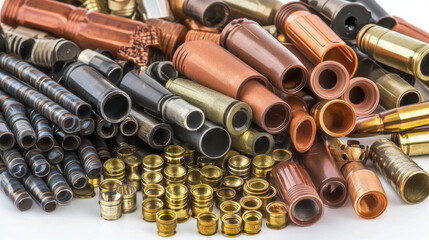 Assorted shotgun shells and pellets in various colors and materials