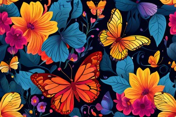 Vibrant butterflies fluttering through lush greenery, showcasing brilliant colors against a deep blue backdrop. Perfect for nature lovers, artistic designs, greeting card, print, digital designs.