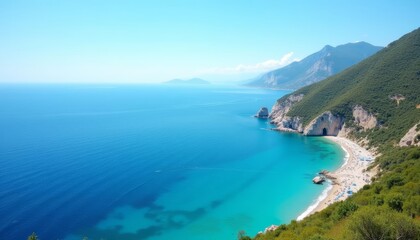 Fototapeta premium Lush coastline with turquoise waters against a blue sky backdrop