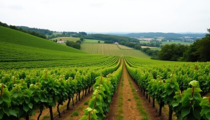 Fototapeta premium Vineyard on a hillside with green vines and brown soil in the foreground; valley of cultivated fields behind