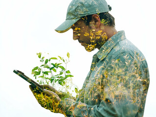 A man using a smartphone with plants overlay, symbolizing technology in agriculture.