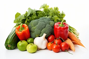 fresh vegetables and fruits arranged on a white background