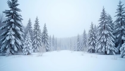 Snowy forest with pine trees under foggy sky