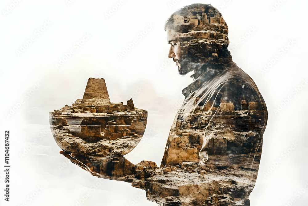 Poster a man holds a symbolic structure, merging human and ancient landscapes in a thoughtful pose.