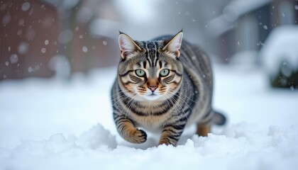 Cat with blue eyes in snowstorm