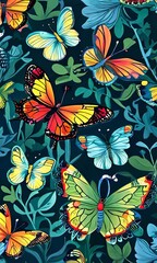 Fototapeta premium Vibrant butterflies fluttering through lush greenery, showcasing brilliant colors against a deep blue backdrop. Perfect for nature lovers, artistic designs, greeting card, print, digital designs.