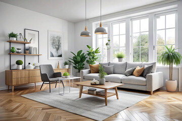 Fototapeta premium Bright, minimalist living room with light wood floors, grey sofa, and green plants.