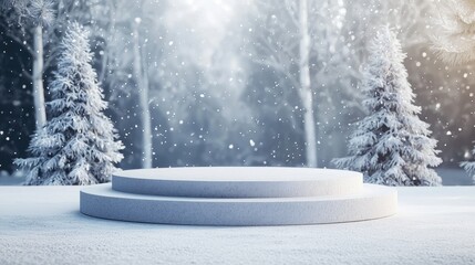 A White Podium in a Snowy Forest