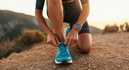 Woman tying shoelaces on running shoes during outdoor workout