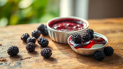 Delicious blackberry dessert with creamy topping and homemade jam served in small bowls on a rustic wooden surface