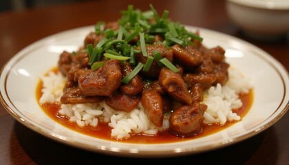 Delicious meal on a white plate with brown sauce