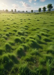 Obraz premium A carpet of emerald green grass covering the ground in a lush meadow, outdoors, rural scenery, countryside