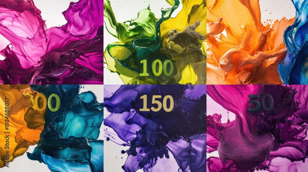 Poster colorful abstract liquid art with dynamic shapes and numbers