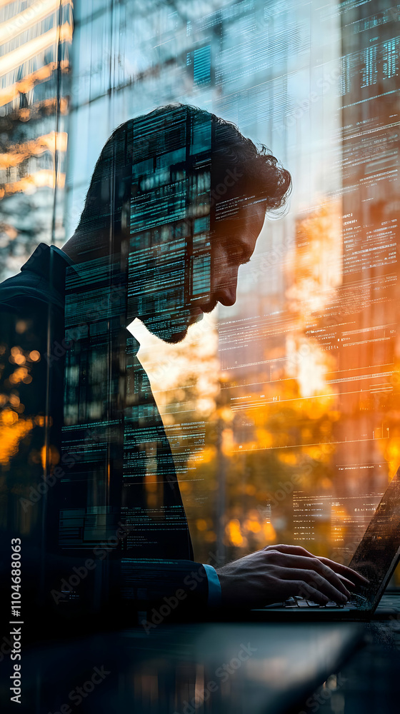 Poster a silhouette of a man working on a laptop against a sunset backdrop, reflecting focus and productivi