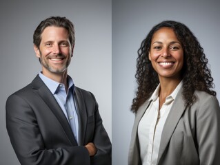 professional business portraits of smiling individuals in formal attire