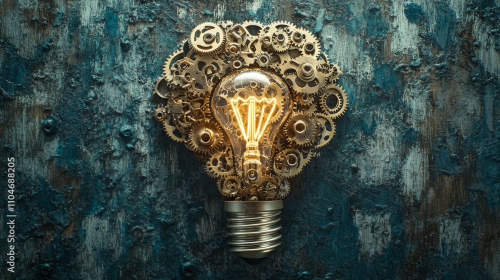 Poster light bulb surrounded by gears on textured blue background