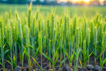 Obraz premium Lush green wheat field at sunset. (1)