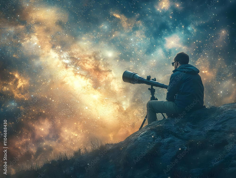 Poster a person gazes at the cosmos through a telescope, exploring the wonders of the universe.